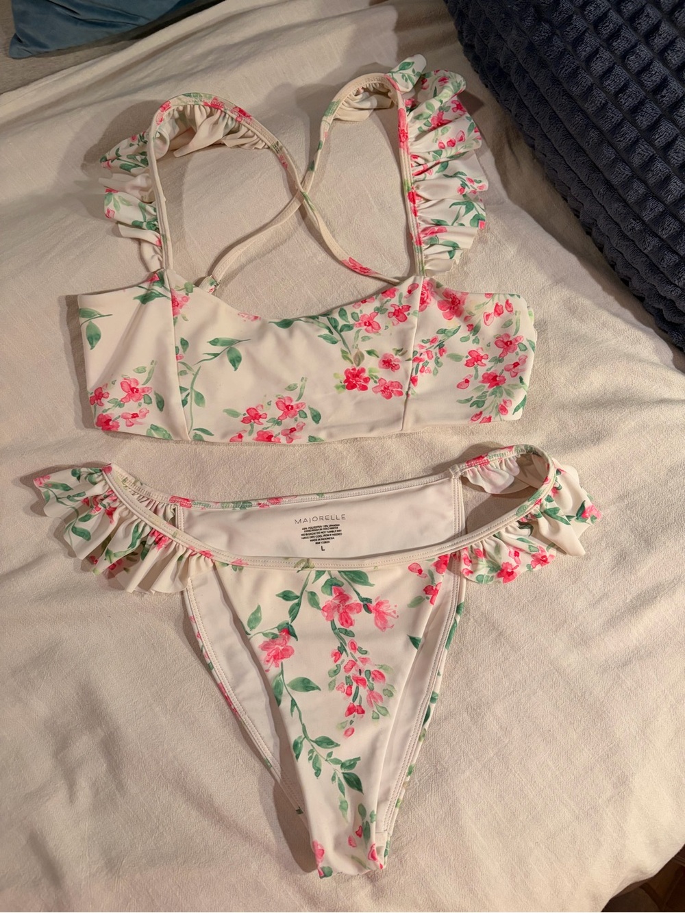 MAJORELLE Cream Floral Ruffle Bandeau Bikini